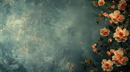 Floral wallpaper with blooming orange roses on textured blue background