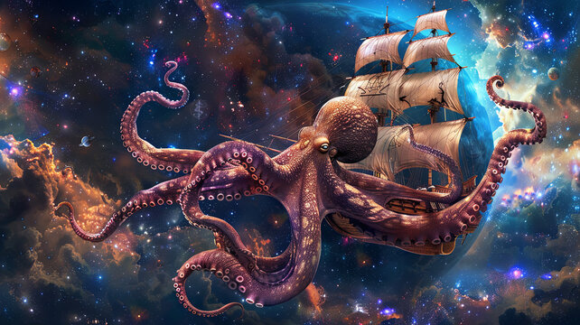 Surreal octopus wrapping a pirate ship - An epic fantasy portrayal of a giant octopus entangled with a classic pirate ship amidst a starry galaxy backdrop