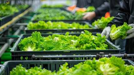 Workers harvesting lettuce in hydroponic greenhouse - Employees tend to bountiful harvests of hydroponic lettuce in a modern agricultural greenhouse, exemplifying farm efficiency
