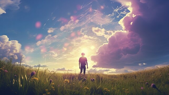 Man stands in field with ethereal lights - Evocative image of a man silhouetted against an illuminated sky with ethereal pinkish lights, suggesting reflection and contemplation