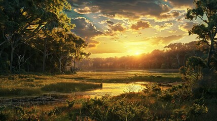 Sunset over a tranquil forest wetlands scene - Serene and picturesque, this image depicts a sun setting behind lush greenery reflected in the calm waters of a forest wetland