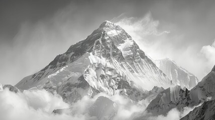 Monochrome Image of Mount Everest Peak - Striking monochrome photography capturing the sheer majesty of Mount Everest's peak amidst swirling clouds