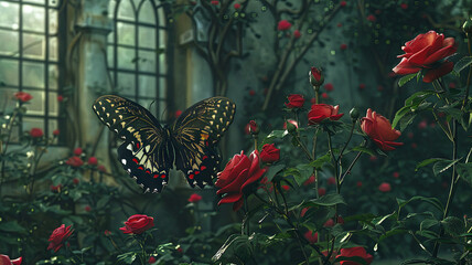Fototapeta premium Butterfly landing on a blooming rose - Striking image featuring a detail-rich butterfly gently resting on a vibrant rose in a lush garden setting