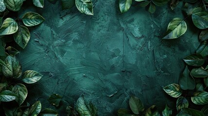 Green leaves bordering textured dark blue background with central vignette effect