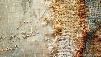 Close-up of textured fabric with frayed edges and loose threads - obrazy, fototapety, plakaty