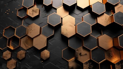 3D rendered image of hexagonal shapes on surface, showcasing contrast black and metallic tones