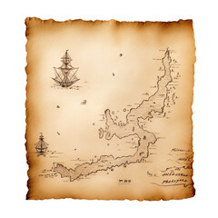 Old blank parchment treasure map isolated on transparent background