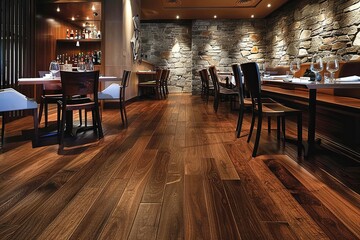 Enhancing Gourmet Restaurant Ambiance: Natural Beauty of Walnut Wood in Design, Flooring, Material & Tiles Distinction