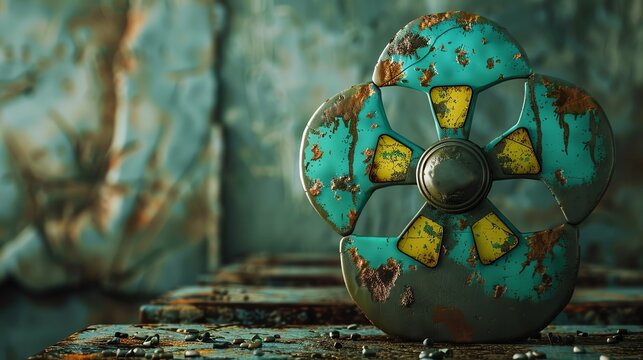 Abstract turquoise metal symbol on a weathered and textured surface with visual decay.