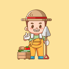 Cute peace farmers harvest fruit and vegetables kawaii chibi character mascot illustration outline style design