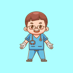 Cute welcome doctor medical personnel character kawaii chibi character mascot illustration outline style design