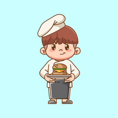 Cute chef cook serve hamburger kawaii chibi character mascot illustration outline style design
