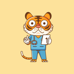 Cute tiger doctor medical personnel chibi character mascot icon flat line art style illustration concept cartoon