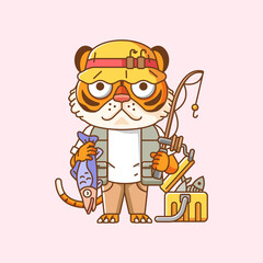 Cute tiger fisher fishing animal chibi character mascot icon flat line art style illustration concept cartoon