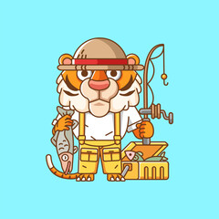 Cute tiger fisher fishing animal chibi character mascot icon flat line art style illustration concept cartoon