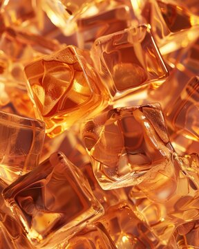 A close up of many ice cubes inside a cold brown or orange or yellow drink maybe alcohol whiskey or iced coffee or orange juice. reddish liquid texture.