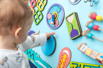 Baby with a small hand reaches for a busy board