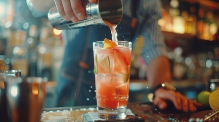 The bartender expertly shakes and mixes a mocktail creating a delicious blend of flavors and textures.