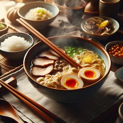 a bowl of ramen on a dinner table