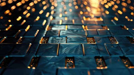 Obraz premium Close-up of blue computer circuit board with glowing orange elements