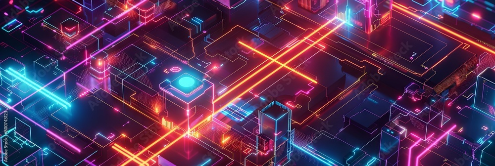 Poster vibrant neon circuit board technology - this image displays a complex circuit board with a vibrant a