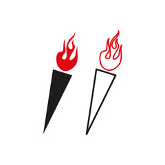 Torch Vector icons set. Flame symbol in monochrome and red. Fire emblem design. Simple ignition representation.