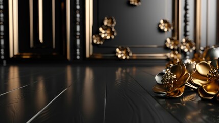Elegant interior with glossy floors and golden floral decorations reflecting on surfaces