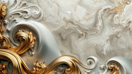 Elegant baroque style swirls with gold accents on marble texture background