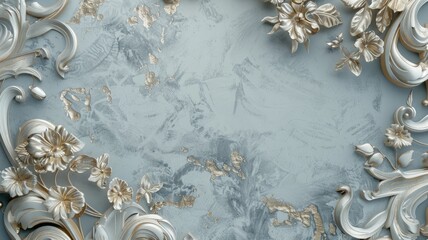 Luxurious floral pattern with metallic gold accents on textured blue background