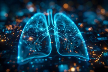 Advanced Medical Technology: 3D Rendering of Glowing Digital Data Lungs on High-Tech Background