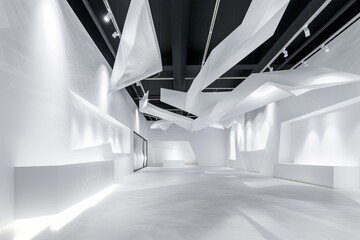 Obraz premium Minimalist Museum: Bright White Geometric Designs in Dark Exhibition Space