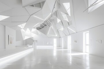 Obraz premium Minimalist White Room Exhibition: Geometric Showcase Design & Bright Architecture