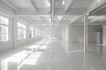 Minimalist White Interior: Reflective Flooring Conference Room in Modern Loft Building