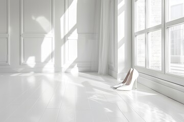 White Minimalist Apartment Interior with Designer Shoes Displayed on Clean Background