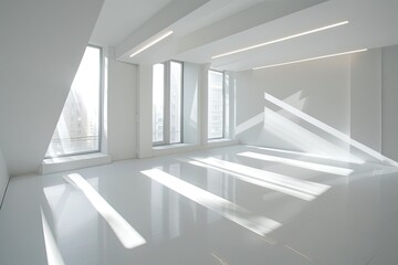 Fototapeta premium Pure White Minimalist Interior: Contemporary Design with Diagonal Light Shafts