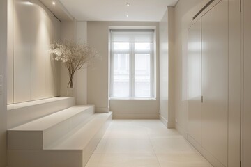 Monochromatic Luxury: Cream Hallway in Contemporary Minimalist Apartment