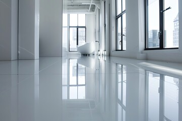 Obraz premium White Reflective Flooring: Modern Gallery Interior with High-Shine Tiles