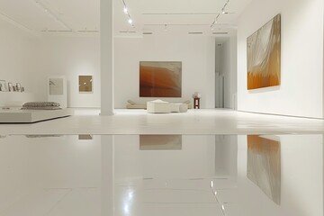 Fototapeta na wymiar Clean Minimalist Design: Contemporary White Room with Reflective Floors in Modern Gallery Apartment