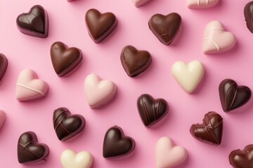 Fototapeta premium Assorted heart-shaped chocolates on a pink background.