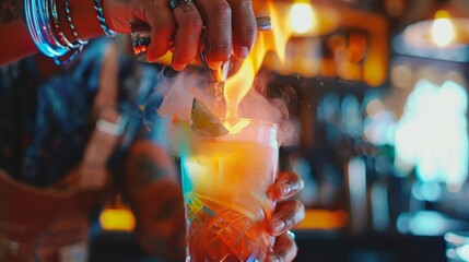 A bartender expertly mixing and shaking a vibrant concoction the sweet aroma filling the air. - obrazy, fototapety, plakaty