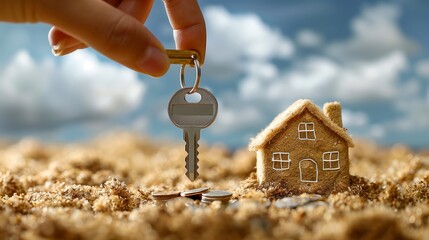 Hand holding a house keychain over coins on a stony surface with a golden sunset backdrop. Real estate investment and home ownership concept. Finance advertisement, property investment flyer.