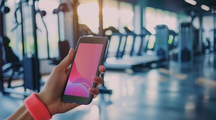 Hand holding smartphone with fitness app mockup, online workout training concept, modern mobile technology for remote gym exercise