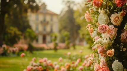Close-up of delicate pink and cream roses in a wedding arch, bokeh background with soft sunlight. Wedding ceremony and romantic decoration concept. Design for wedding invitations, event planning.