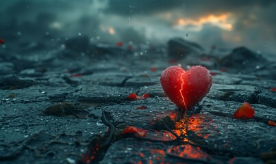 Heart-shaped stone with fiery cracks on a stormy beach. Symbolism of love, heartbreak, and passion. Ideal for creative storytelling, book covers, and metaphorical illustrations with place for text.