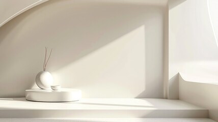 Minimalist interior with abstract shapes and soft lighting