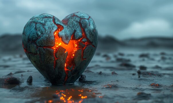 Heart-shaped rock with glowing lava cracks on a gloomy beach. Love, heartbreak, and emotion concept. Suitable for book covers, album art, and creative design projects. - Powered by Adobe