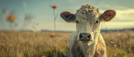 Portrait of a cow in a grass field, wide panoramic view. Agricultural and livestock concept, suitable for educational materials, banners, and rural life promotion with copy space.