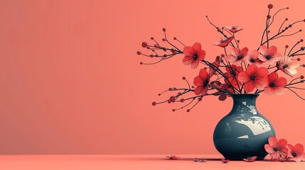 Illustration of vibrant red flowers in a blue vase on a pink background. Stylish botanical artwork for modern decor, advertising, and creative projects.