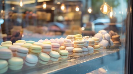 Assorted colorful Macarons in a pastry shop display with warm lighting. Ideal for articles and promotions related to bakery, desserts, and French cuisine.