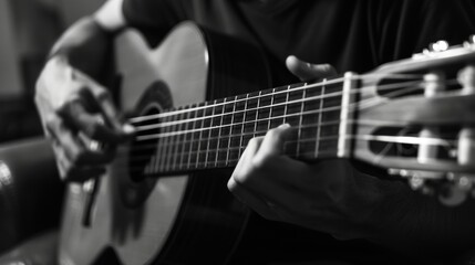 Fototapeta premium A man passionately strums a guitar in a black and white setting, showcasing his musical talent and love for the instrument.